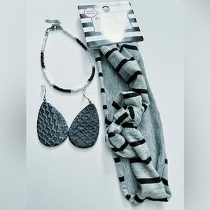 Black Scale Tear Drop Earrings, Boho Anklet & Bow Headwrap Combo